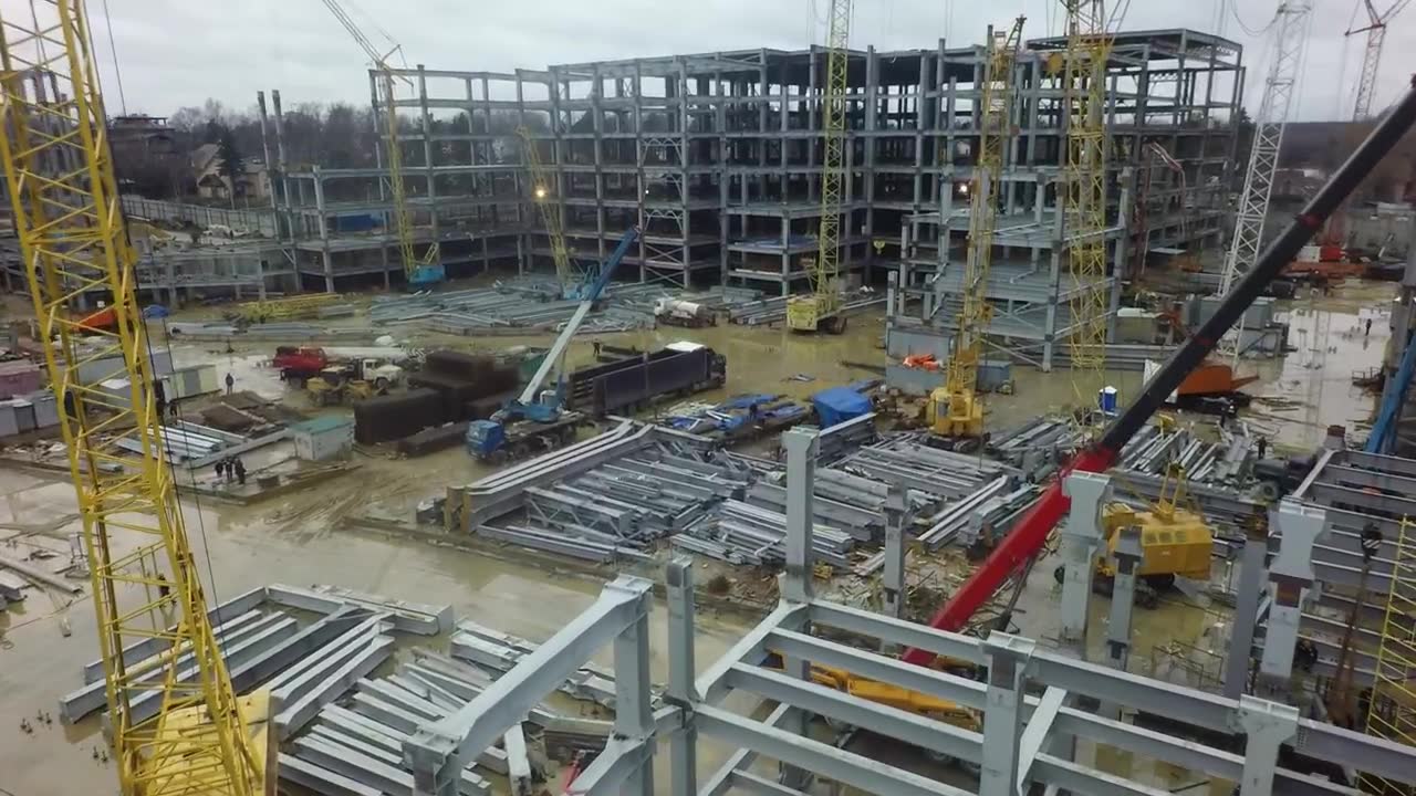 Steel-frame industrial building under construction