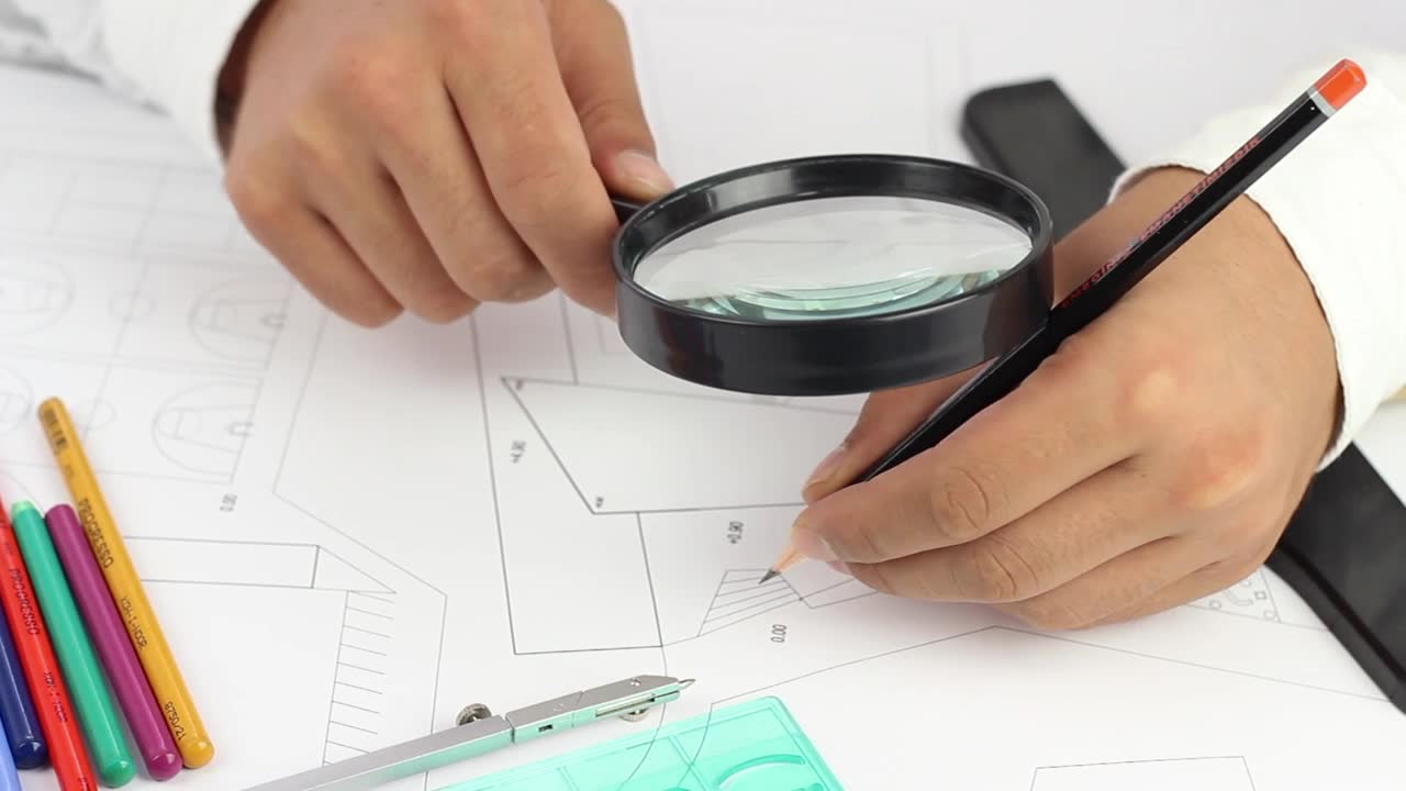 Estimator checking a construction drawing with a magnifier and pencil